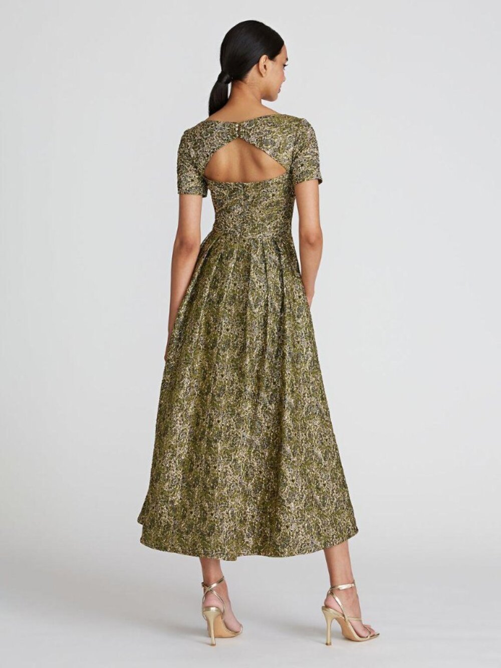 Theia Natasha Tea Length Gown Cutout Jacquard Gold Floral Formal Size 0 - Picture 2 of 9
